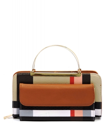 Plaid Check Round Top Handle Crossbody Bag Clutch Wallet BT038 TAN